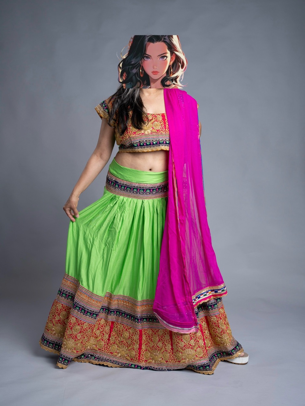 Bright Green & Pink Embroidered Lehenga Set by